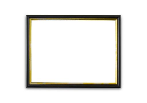 A closeup of a picture frame with black and golden borders isolated on a white background