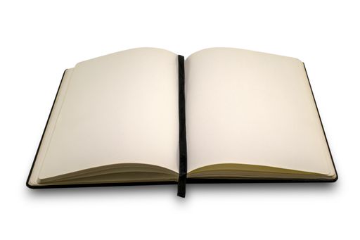 A closeup shot of an open blank notebook with a black bookmark on an isolated background