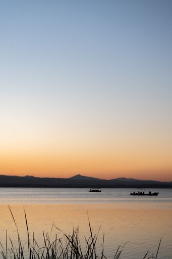 A vertical shot of the boats in the lake during the sunset