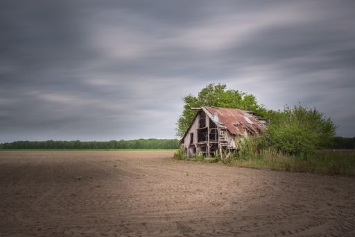 An eye-level shot of an old wooden decrepit barn standing in a field near green trees and bushes under a dark, cloudy sky