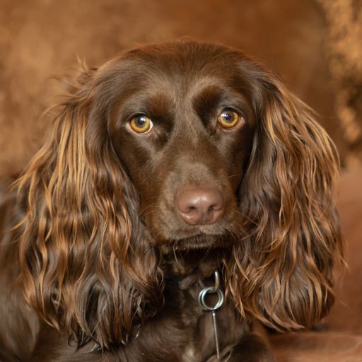 A closeup shot of a Boykin Spaniel dog with a blurry background