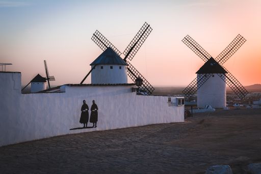 Campo de Criptana windmills, located in Ciudad Real, Castilla la Mancha, Spain. With a graffiti of two old women of the place.