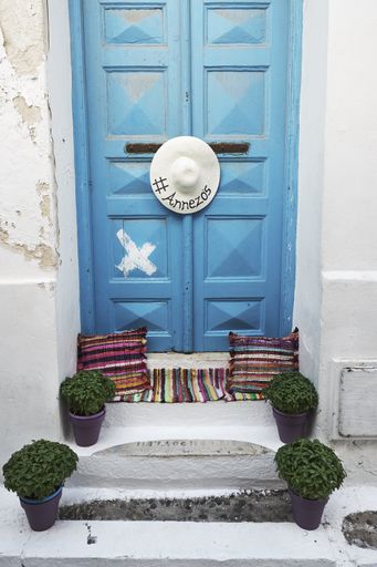 A vertical shot of an old blue wooden door with the sign "#annesian" and green plants in pots in Mykonos, Greece
