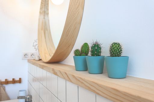 A beautiful shot of a mirror of the bathroom with wooden frame near three decorative plants in blue pots
