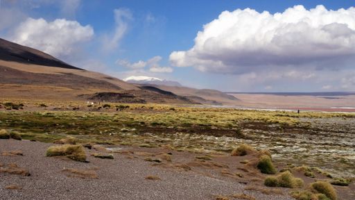 A panoramic shot of a hill and a wide-field under on a cloudy sky