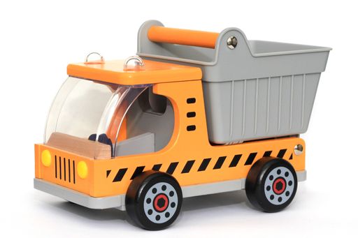 A closeup shot of a toy truck isolated on a white background