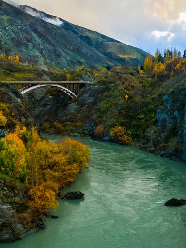 A vertical scenic view of a Kawarau Gorge Suspension Bridge over Kawarau River in New Zealand