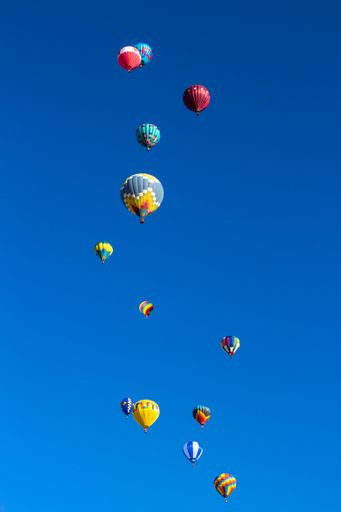 A vertical shot of hot air balloons in the bright sky in Albuquerque, USA