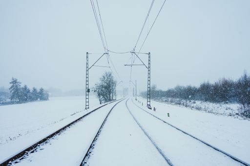 A shot of the railways and leafless trees covered with snow against cloudy sky on a foggy day
