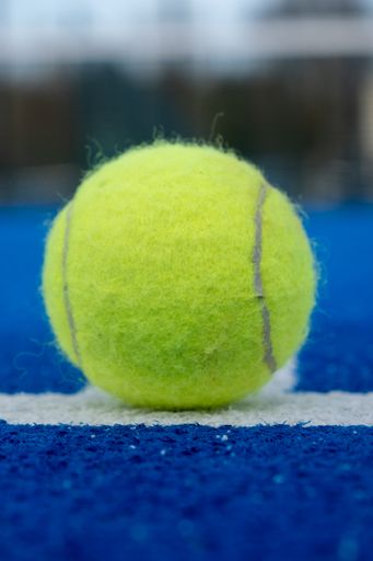 selective focus of a ball on the white line of a blue paddle tennis court