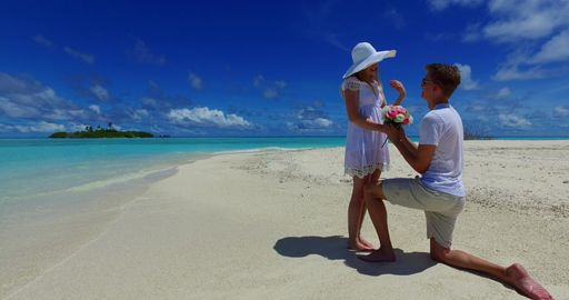 A couple relaxing on the beach in the Maldives