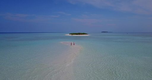An aerial view of a couple walking in the coastline in Rasdhoo Island, Maldives