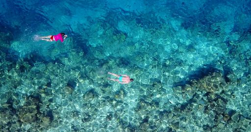 An aerial view of a couple swimming in the ocean in Rasdhoo Island, Maldives