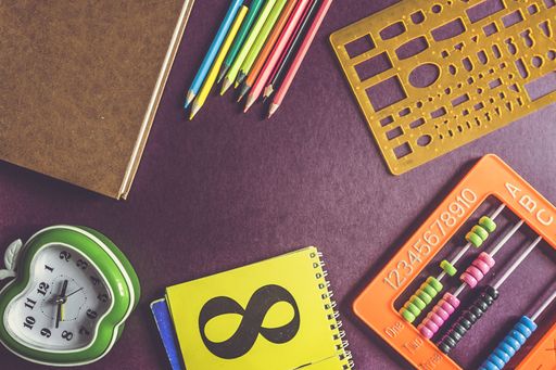 An overhead shot of different primary school tools