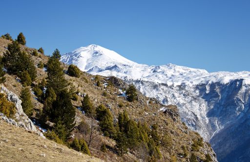 a photo of snowy field against of mountains
