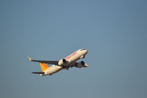 A Pegasus airplane A320neo taking off from Budapest airport (Hungary) towards Istanbul, Turkey
