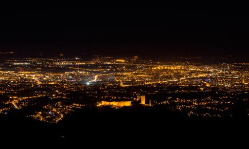 An aerial view of the cityscape of Zagreb at night, Croatia