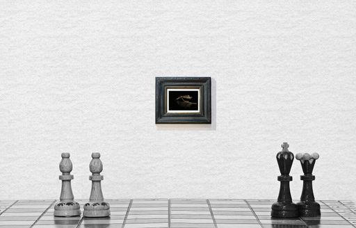 A closeup shot of chess figures standing on a board in front of a picture of a leaf on a white wall