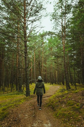 A vertical shot of a woman walking through the forest
