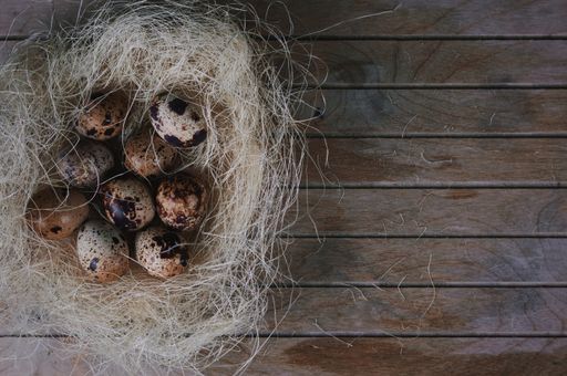 A top view of quail eggs in a straw and hay nest on a wooden background, copy space for text