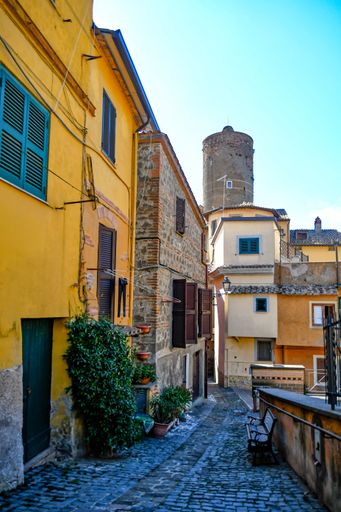 A vertical shot of cobblestone street with old colorful buildings. Nemi, Lazio, Italy.