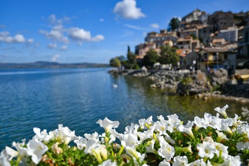 The old town of Anguillara Sabazia by the Lake Bracciano with white petunia flowers in the foreground