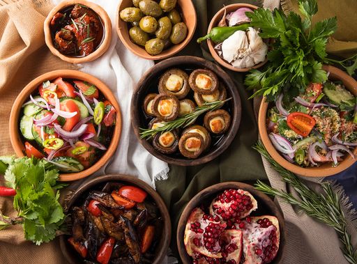A horizontal shot of many dishes