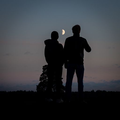 The vertical shot of a lover couple silhouettes looking to the moon