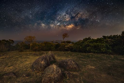 A shot of a green landscape under the starry night sky in Hong Kong