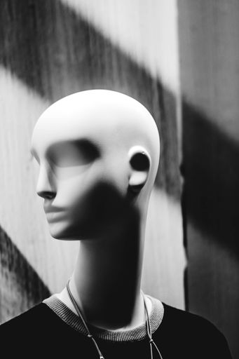 A vertical closeup shot of the female mannequin in grayscale