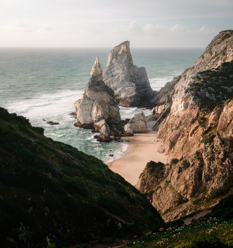 An aerial shot of  Cabo da Roca Colares on a stormy weather
