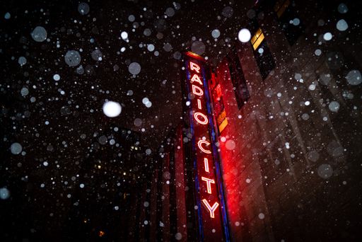 Radio City in New York City during a snow storm.