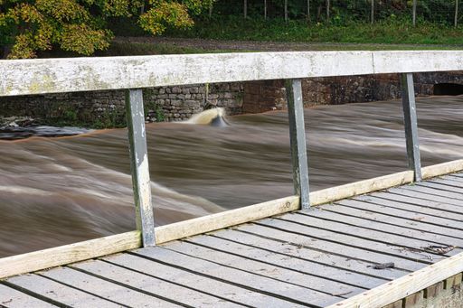 A wooden bridge over the river in a park