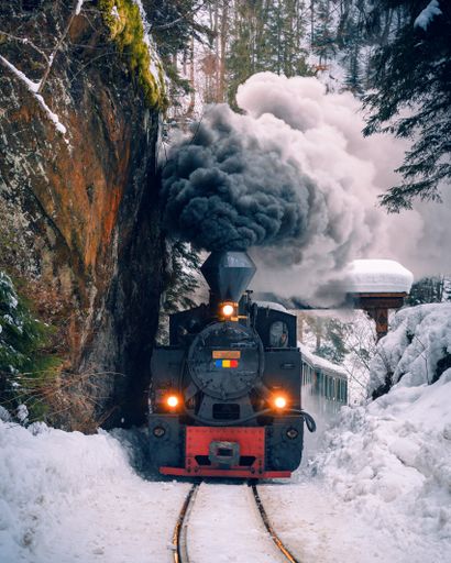 A vertical shot of a steam locomotive moving forward through a white forest on a winter day