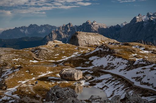 The stunning scenery of the stony and snowy peaks of Tre Cime di Lavaredo, Dolomites, Belluno, Italy