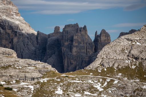 The stunning scenery of the stony and snowy peaks of Tre Cime di Lavaredo, Dolomites, Belluno, Italy