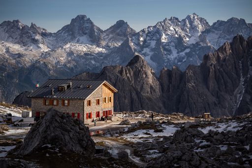 The stunning scenery of the stony Rifugio Lavaredo at Cadini di Misurina area, Belluno, Italy
