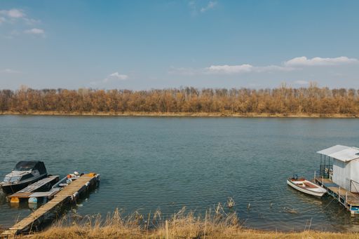A shot of a sea and boats