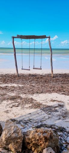 A vertical wallpaper of wooden swings on the seashore with the seascape of tropical sea and the sandy beach