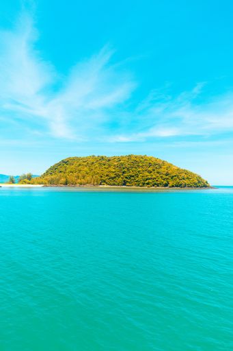 A vertical shot of the sea with an island covered in trees under a blue sky