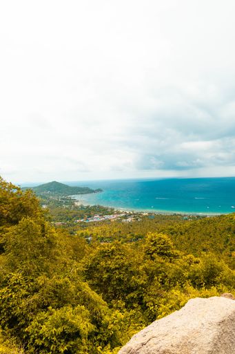 A vertical shot of hills covered in trees near the sea under a cloudy sky