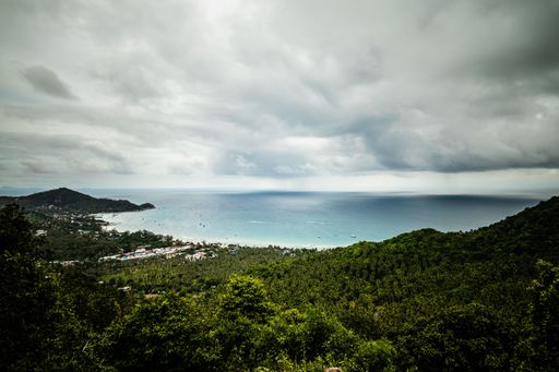 A high angle shot of hills covered in trees near the sea under a cloudy sky