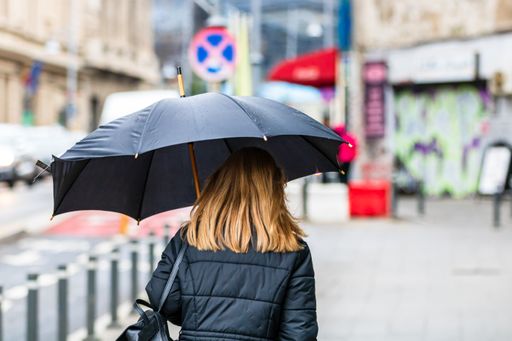 Some people with umbrellas on a street on a rainy day in Bucharest, Romania