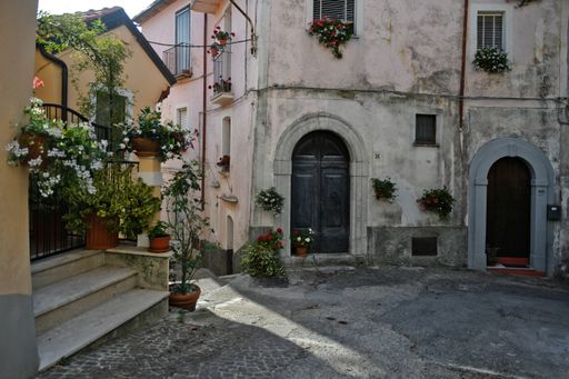 A street in the historic center of Rivello, a medieval town in the Basilicata region, Italy.