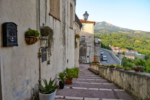 A street and stairway in the historic center of Rivello, Italy in the Basilicata region
