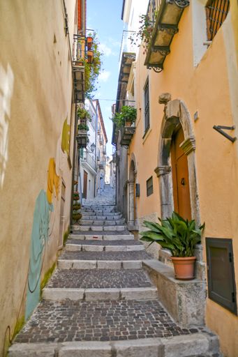 A Narrow street with plants in the historic center of Rivello, in the Basilicata region, Italy
