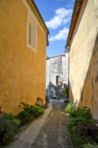 A Vertical shot of a narrow street in the historic center of Rivello, in the Basilicata region, Italy