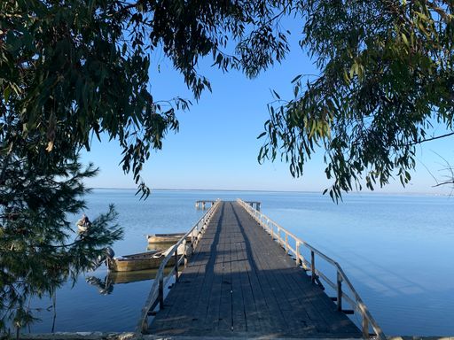 A top view of a bridge on the sea