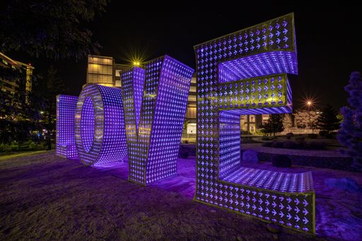 LOVE, an aluminum statue designed by Laura Kimpton and built by Jeff Schomberg, stands outside the hospital at Renown Regional Medical Center.