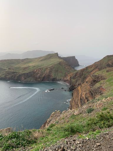 A Beautiful shot of Point of Saint Lawrence (Ponta de Sao Lourenco) cliff under a gray cloudy sky